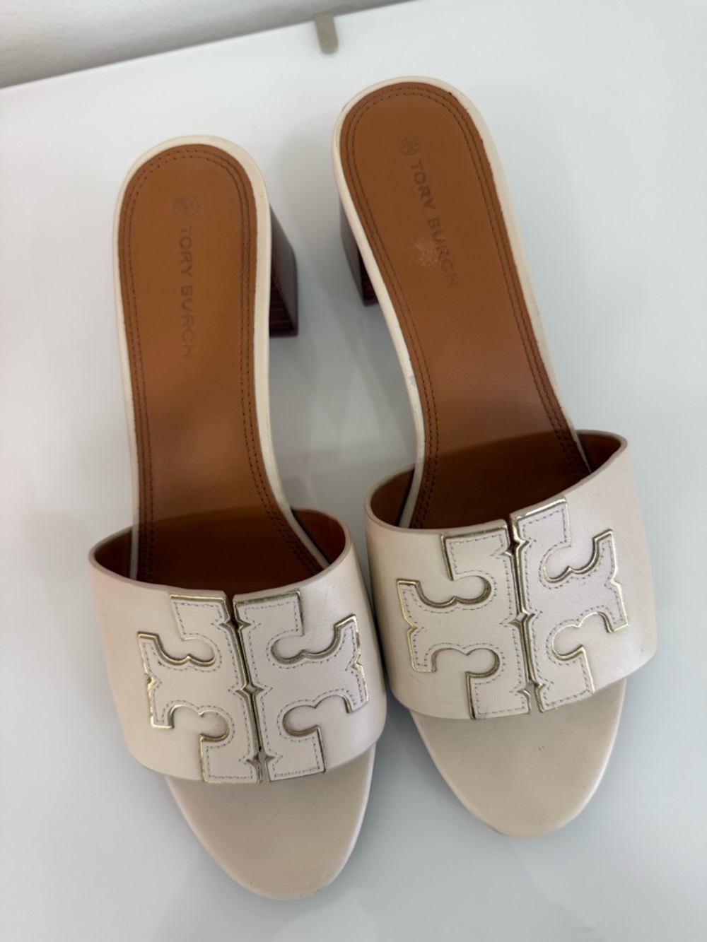 Tory Burch Cream Leather Logo Block Heel Slides